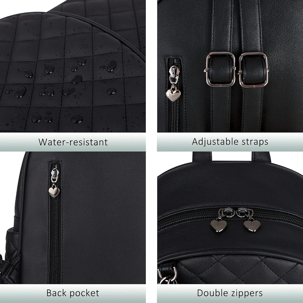 ECOSUSI Mini Backpack for Women Leather Small Backpack Purse for Ladies Cute Pom Bookbag Travel Shoulder Bag with Charm Tassel Black