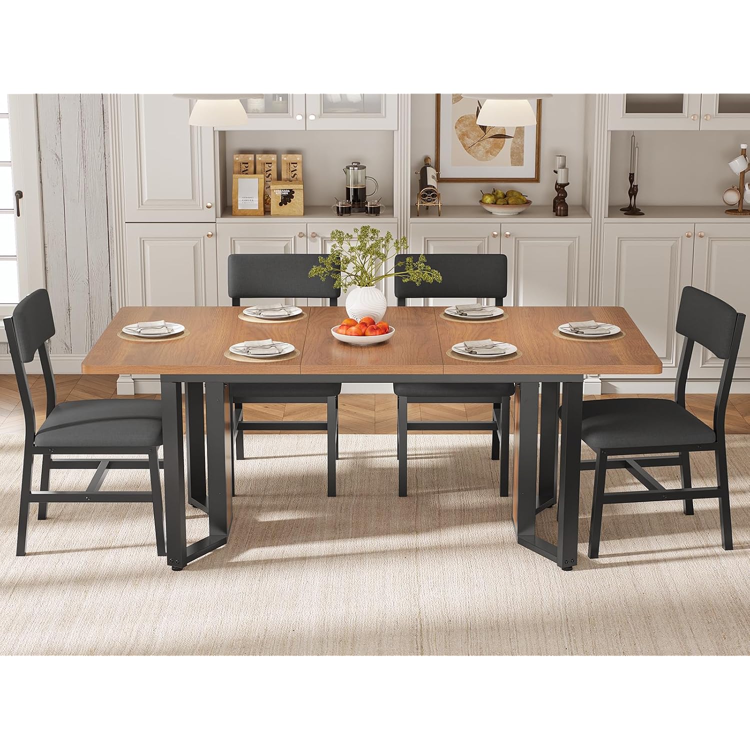 Itaar 5-Piece Dining Table Set For 4-6 People, 63" Extendable Kitchen Table And 4 Cushion Chairs, Dining Room Table With Mdf Board & Metal Frame For Small Space, Easy Clean, Brown