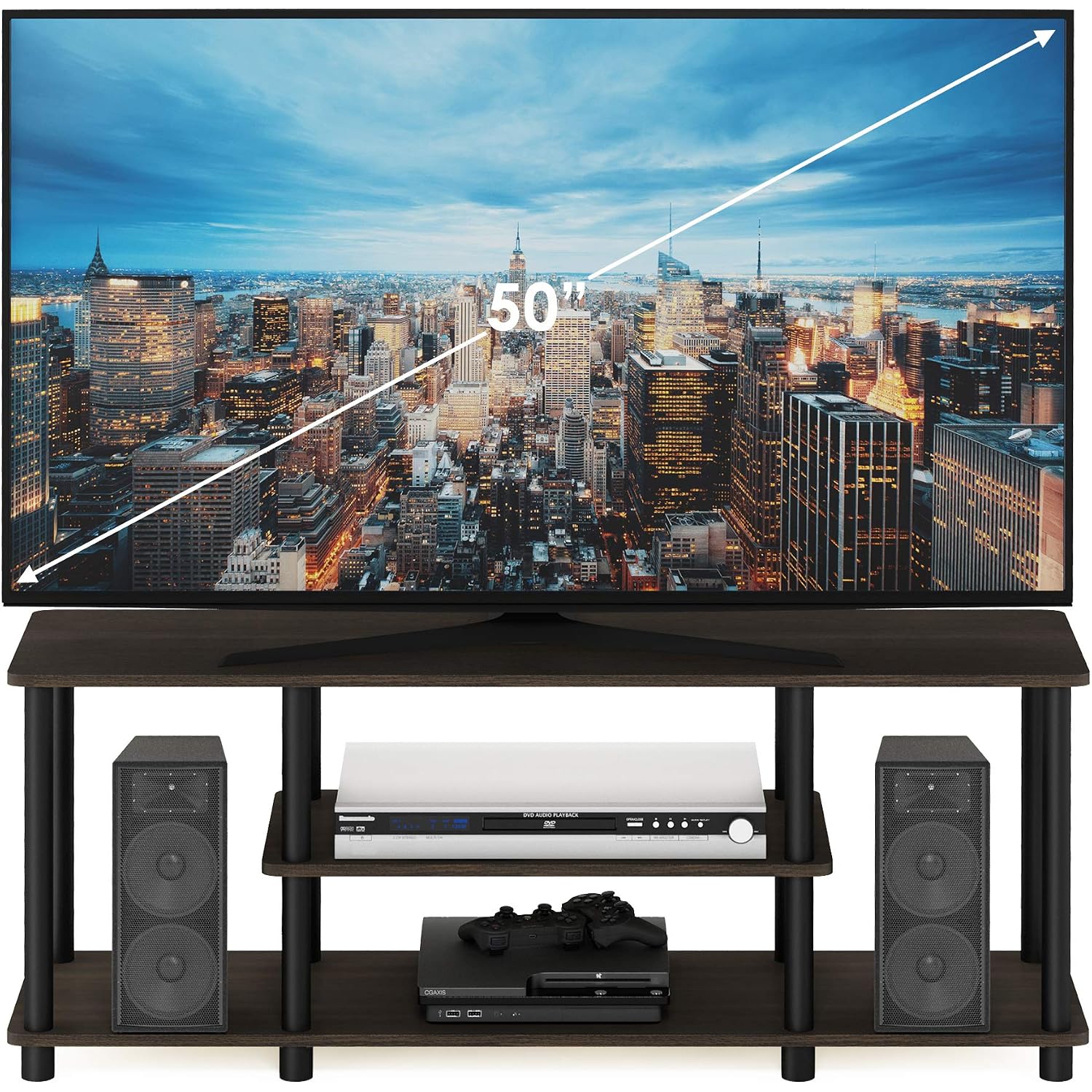 Furinno Turn-N-Tube No Tools 3D 3-Tier Entertainment Tv Stand Up To 50 Inch Tv, Round Tubes, Dark Brown / Black | For Tv Up To 50 Inch, Open Frame Rectangular Entertainment Center With Storage Shelf, Tv Console, For Living Room, Bedroom