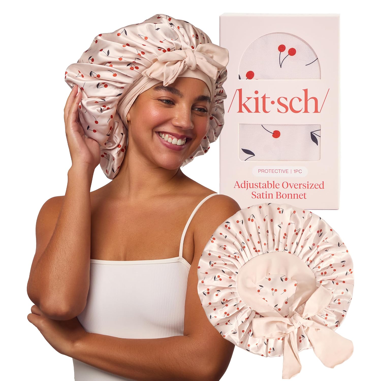 Kitsch XL Satin Bonnet for Sleeping - Softer Than Silk Bonnet For Sleeping Women - Secure Fit, Adjustable, Night Cap For Curly & Textured Hair - Prevents Breakage, Tangles & Thinning - Cherry Print