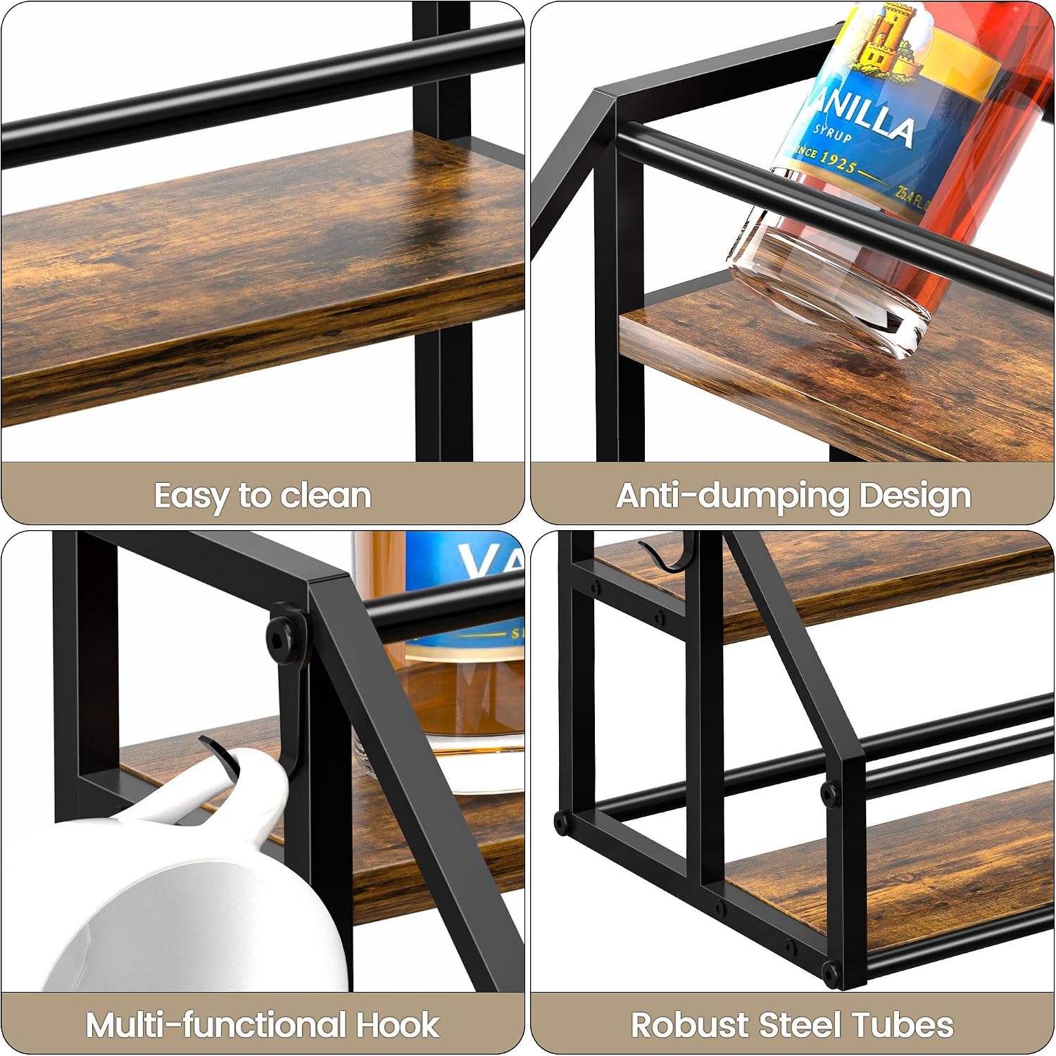 Coffee Syrup Rack Organizer, Syrup Bottle Holder Stand For Coffee Bar, 2-Tier 8 Bottles Storage Shelves For Syrup, Wine, Dressing For Kitchen Countertop, Rustic Brown & Black