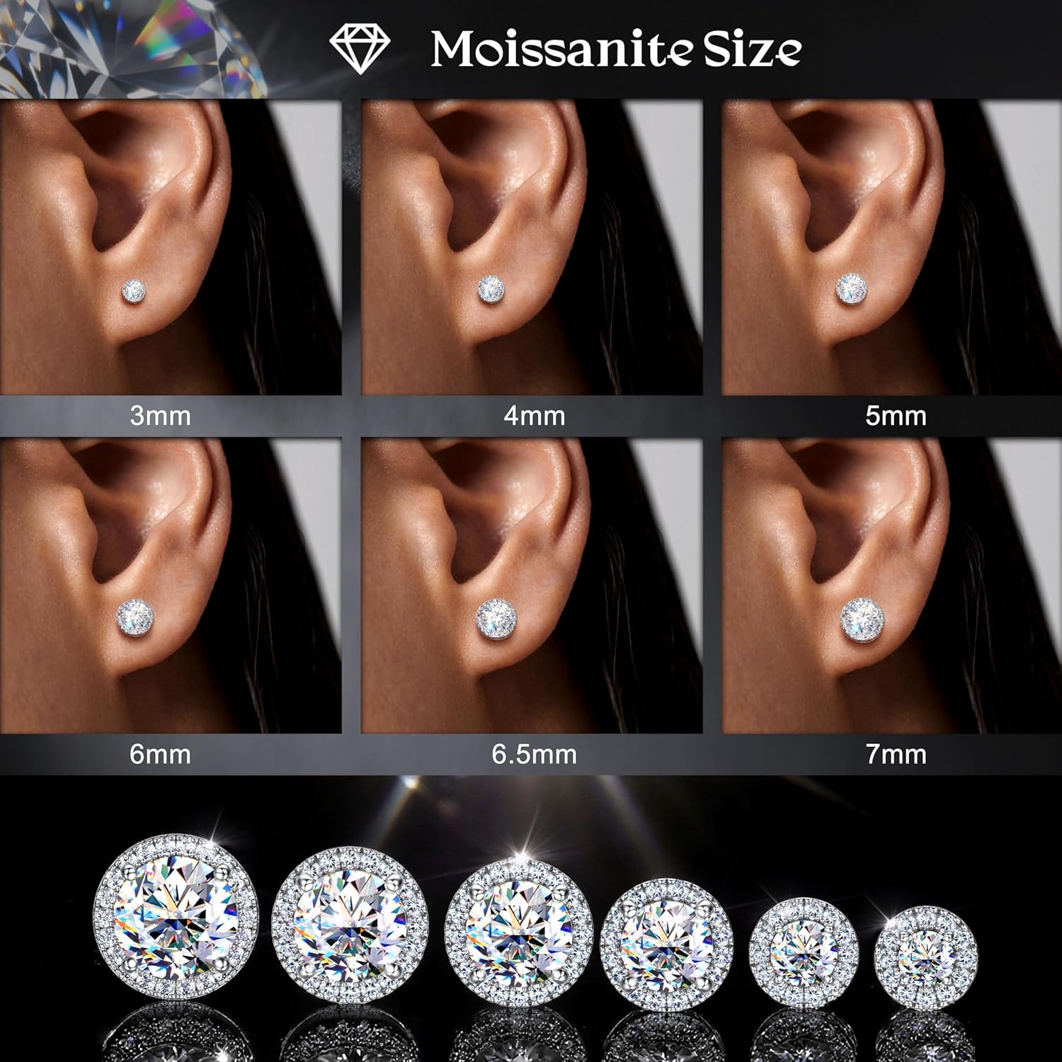 Moissanite Stud Earrings with Flat Back - 925 Sterling Silver D Color VVS1 Moissanite Earring for Women Men,14K White Gold Plated Brilliant Halo Stud Earrings Hypoallergenic Jewelry for Sensitive Ear