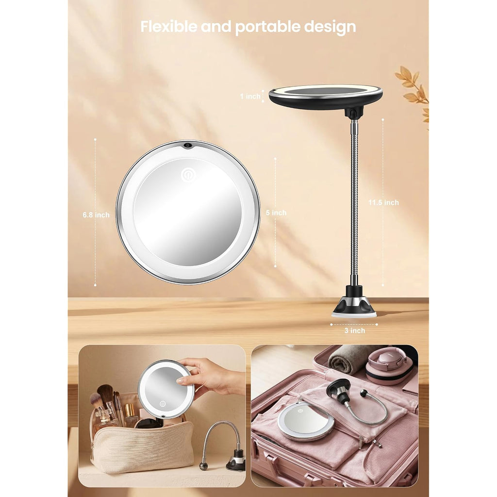 10X Makeup Mirror With Lights, Flexible Magnifying Mirror 3 Light Modes | Wall-Mounted Lighted Vanity Makeup Mirror, Cordless Battery Operated Led Mirror With Suction Cups For Shower Bathroom