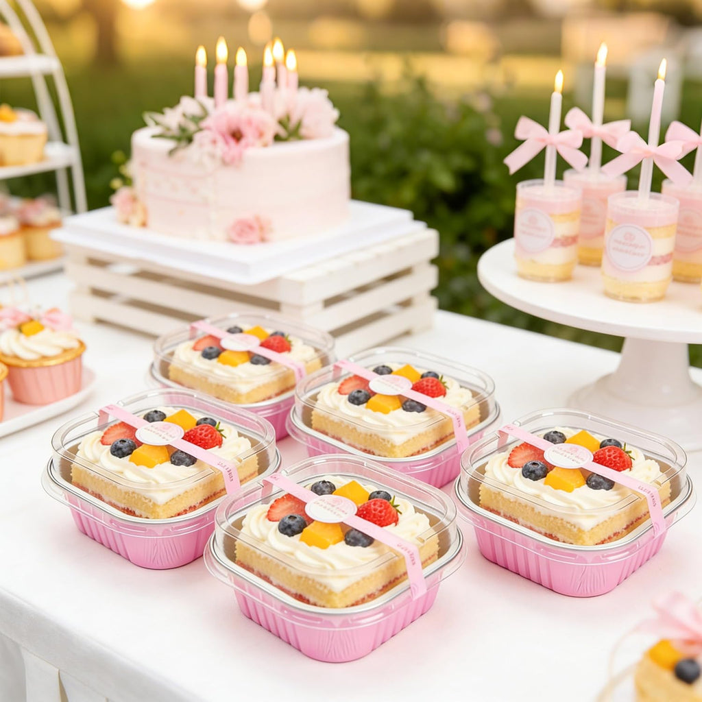 NPLUX 50 Pcs Mini Cake Pans with Lids and Spoons Aluminum Foil Mini Square Baking Cups with Lids Disposable Ramekins Cake Pans Dessert Cups for Wedding(Pink,5oz)