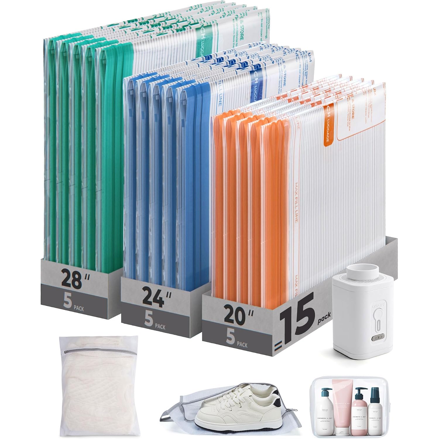 Bagsmart Travel Vacuum Bags With Rechargeable Electric Pump, 18Pc Kit | Wireless Pump, Bonus Shoe, Laundry & Toiletry Bags, Reclaim 80% Luggage Space. Ideal For Suitcase Packing, Travel & Home.
