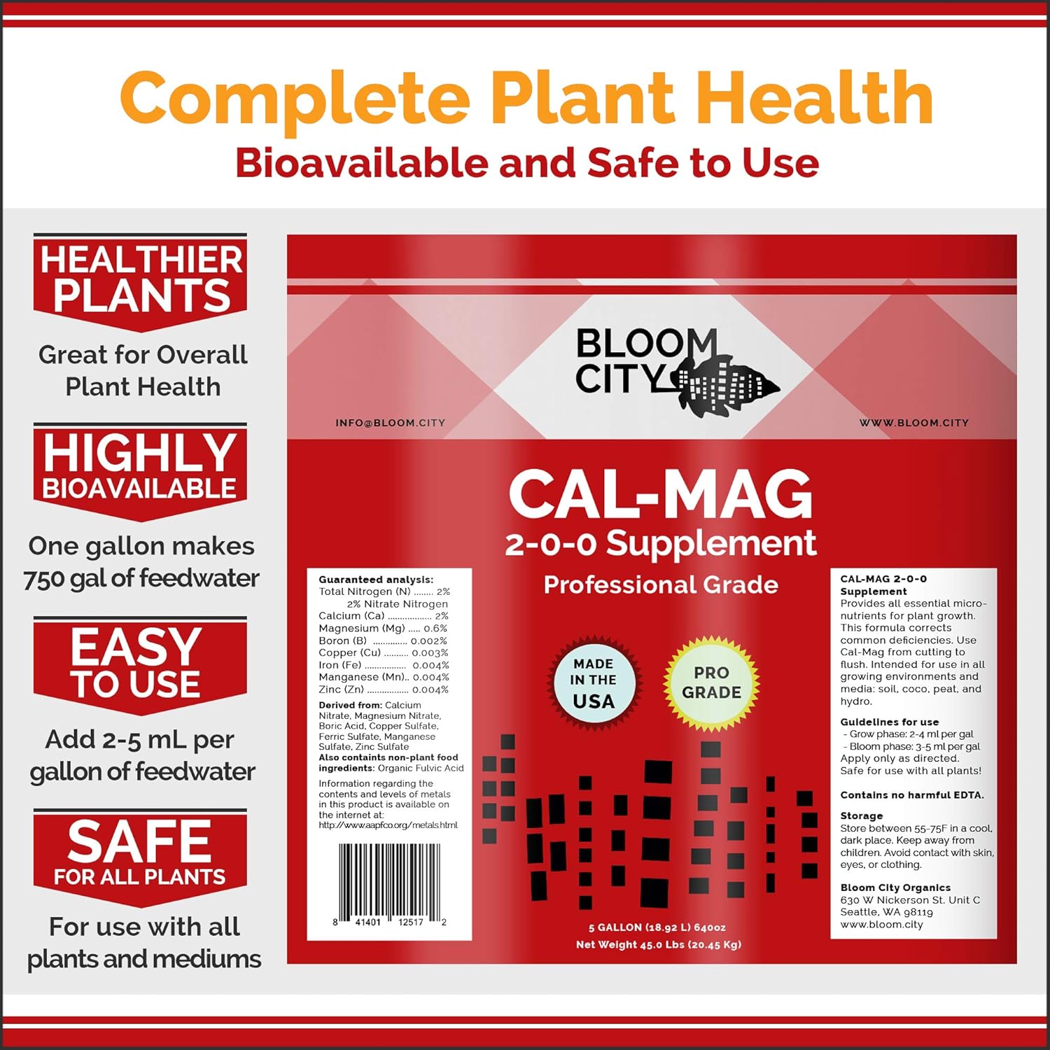Bloom City Professional Grade Ultra Pure Cal-Mag Growing Fertilizer, Quart (32 Oz)