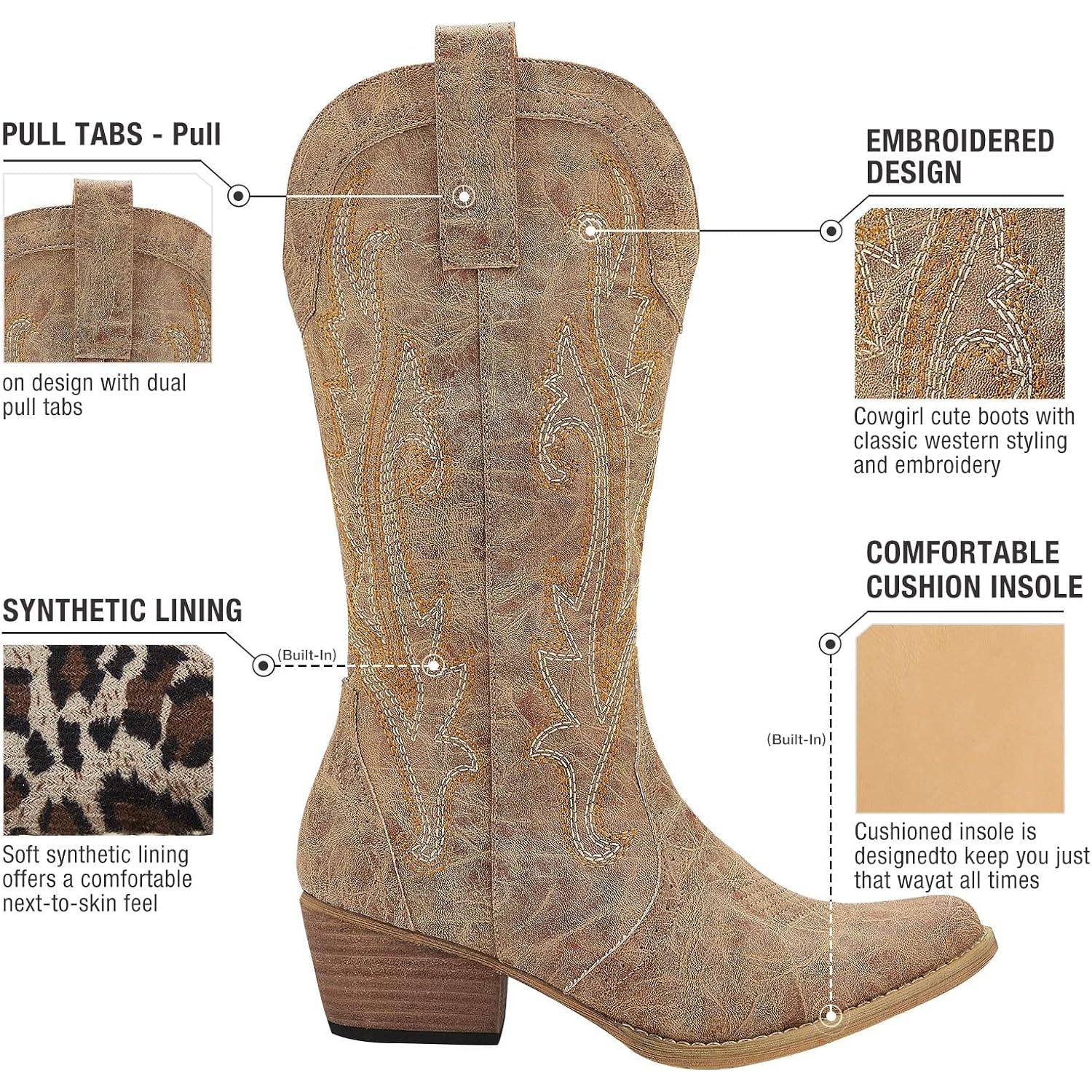Hisea Rollda Cowboy Boots For Women, Cowgirl Boots, Comfortable Western Boots With Pointed Toe Stitched Embroidery For Country Concert Dancing Wedding Traveling Daily Outfits