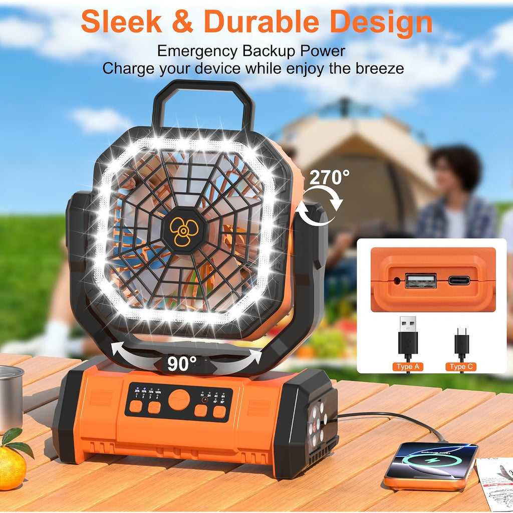 Portable Rechargeable Fan 20000Mah, Camping Fan With Led Light & Remote, Usb C Cordless Battery Powered, 4 Speeds Timer Hanging Hook For Travel Tent Outdoor Essentials - Orange