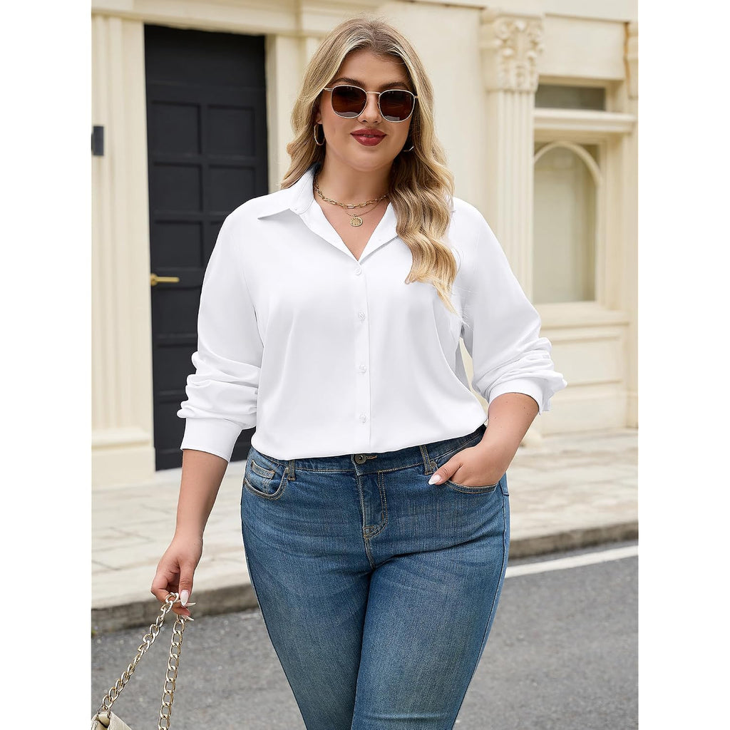 Siliteelon Plus Size Button Down Shirts For Women Dress Shirt Stretch Long Sleeve Collared Shirt Wrinkle Free Work Blouse Top