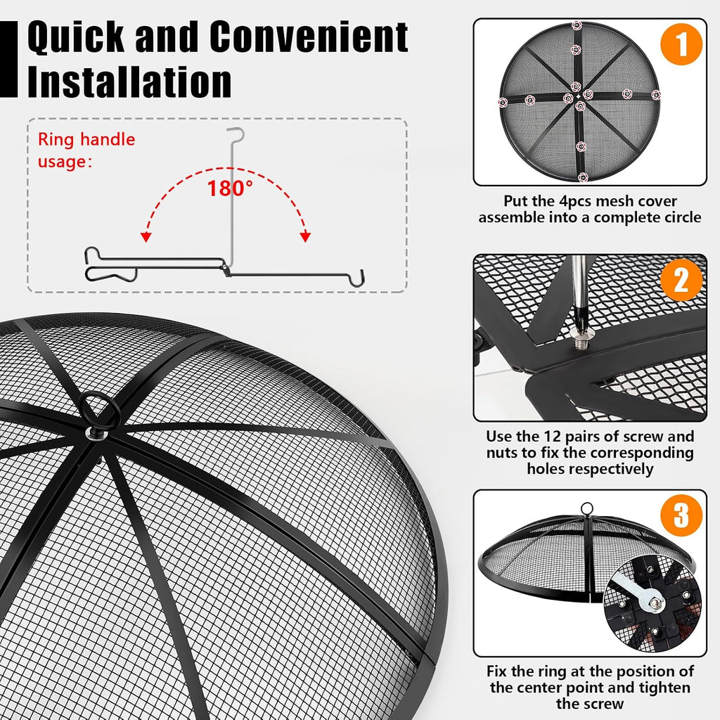 Fire Pit Spark Screen, Fire Pit Screen 36 Inch Round With Handle & Poker, Collapsible Heavy Duty Mesh Fire Pit Cover Fire Pit Lid For Outdoor/Patio/Backyard/Rv Camping/Beach
