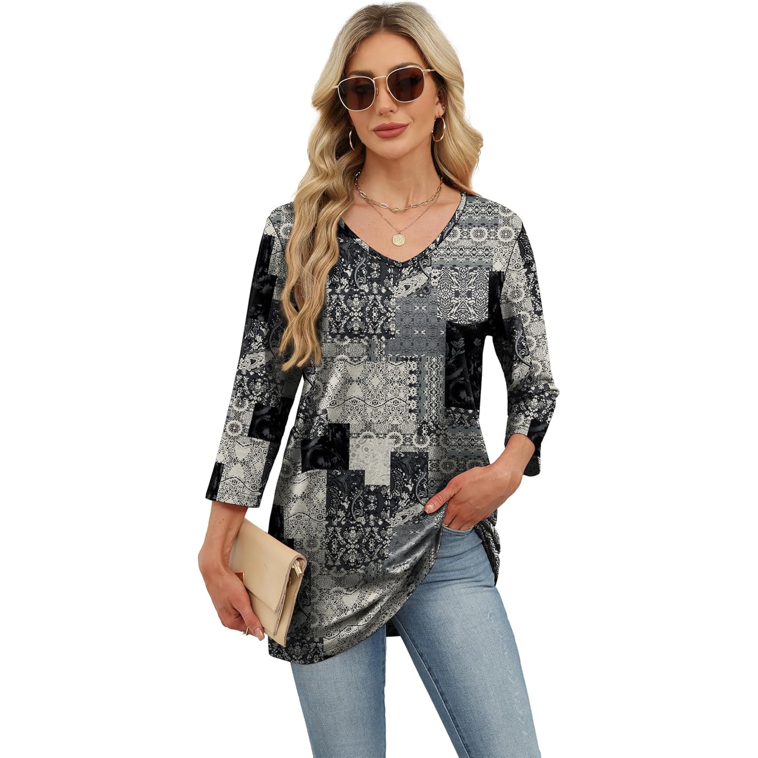 3/4 Length Sleeve Womens Tops Dressy Casual Plus Size Tunics to Wear with Leggings