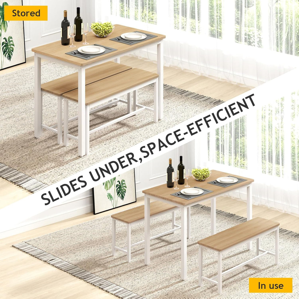 Rovibek 43" Dining Room Table Chairs Set For 4, Modern Space Saving Kitchen Table With 2 Benches & Adjustable Feet Breakfast Table, Wooden Industrial Style Farmhouse, White