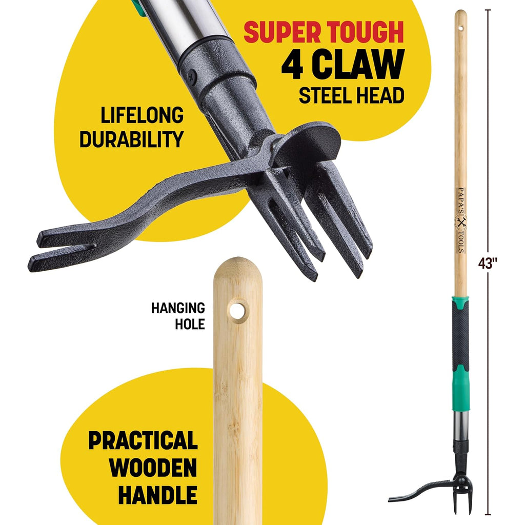 Papa'S Tools Weed Puller Tool, 44" Stand Up Weeder Garden Tools & 4 Claw Steel Head, Dual Weed Eject Tech. Made With Real Bamboo & Long Wooden Handle, Yard Weeding Remover For Gardening Men & Women