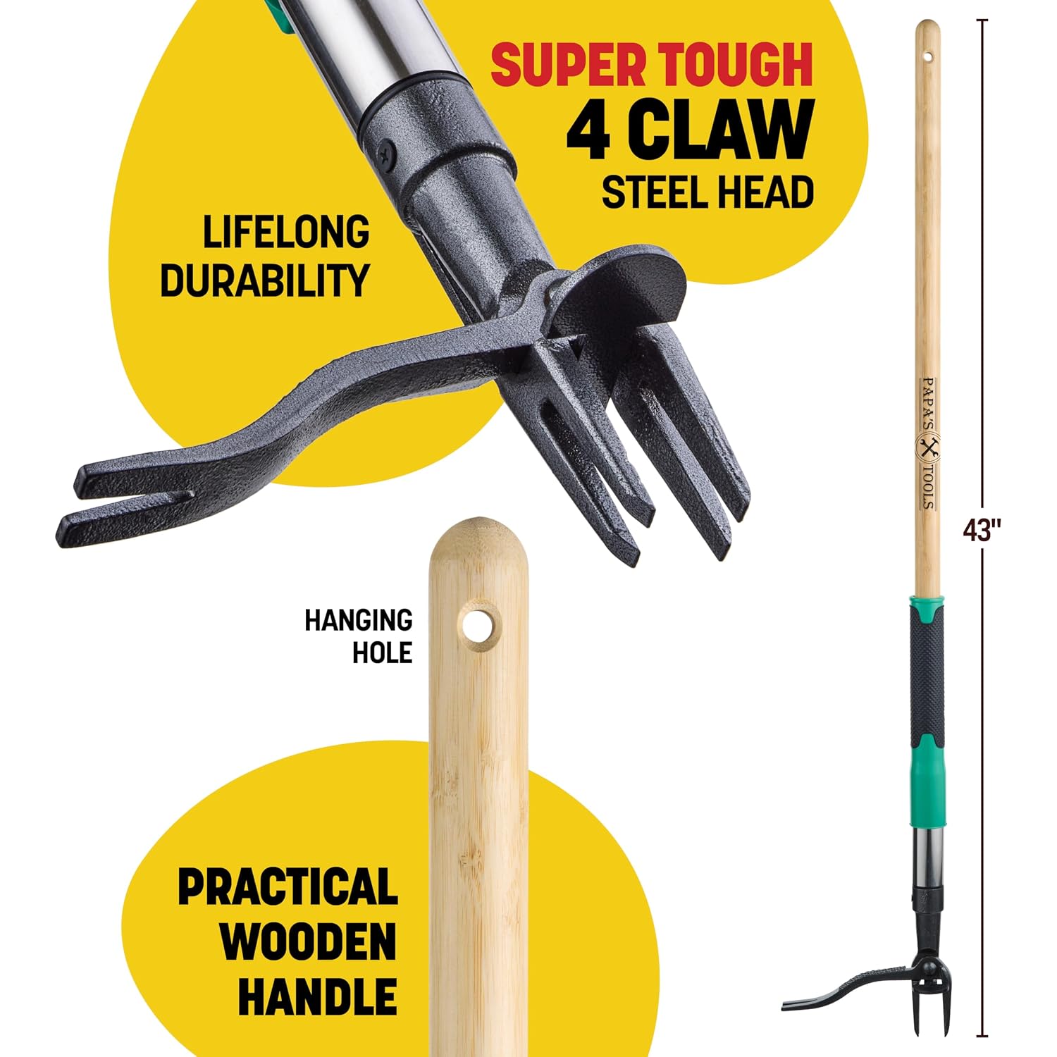 Papa'S Tools Weed Puller Tool, 44" Stand Up Weeder Garden Tools & 4 Claw Steel Head, Dual Weed Eject Tech. Made With Real Bamboo & Long Wooden Handle, Yard Weeding Remover For Gardening Men & Women