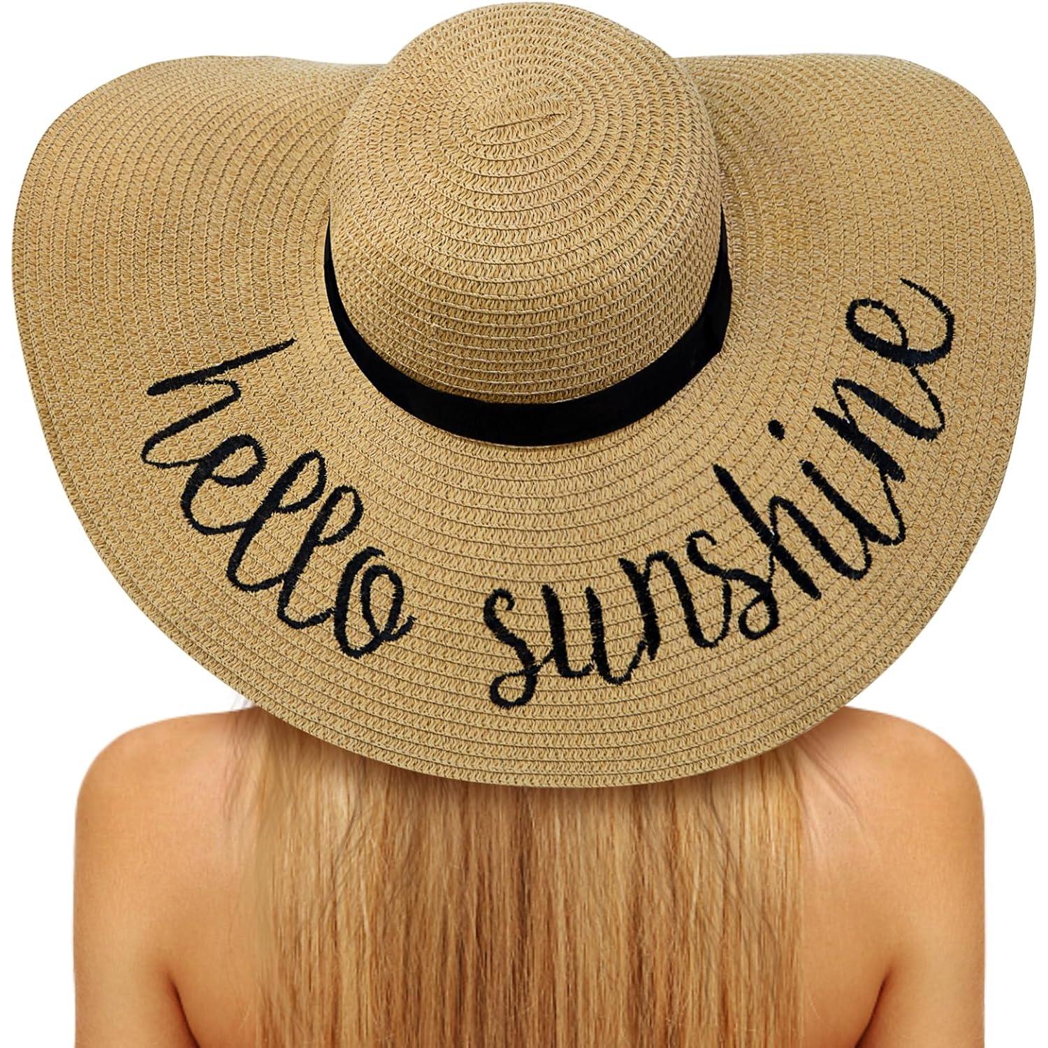Senker Fashion Floppy Beach Hats for Women Straw Sun Hat Foldable Wide Brim Embroidered Roll up Summer Vacation Travel