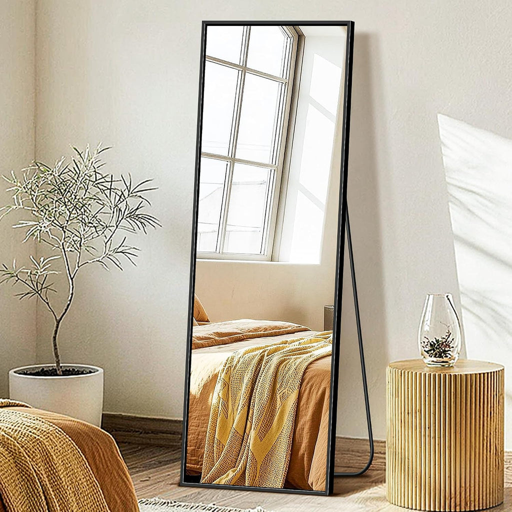 Fictor Full Length Mirror With Stand, Floor Standing Mirror Full Body, Hd Shatterproof Black Frame Wall Mirror For Bedroom, Living Room, Dressing Room & Entryway, 56"X15"
