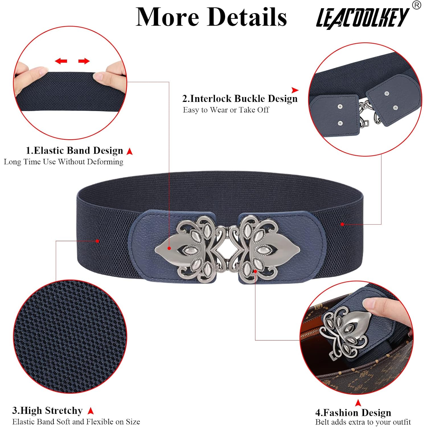 LEACOOLKEY 4 Pack Women Wide Elastic Waist Belt for Dress Plus Size Vintage Stretch Belt Retro Buckle 2.36" Width