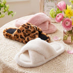 Snug Leaves Women'S Fluffy Open Toe Slippers Cross Band Indoor Outdoor