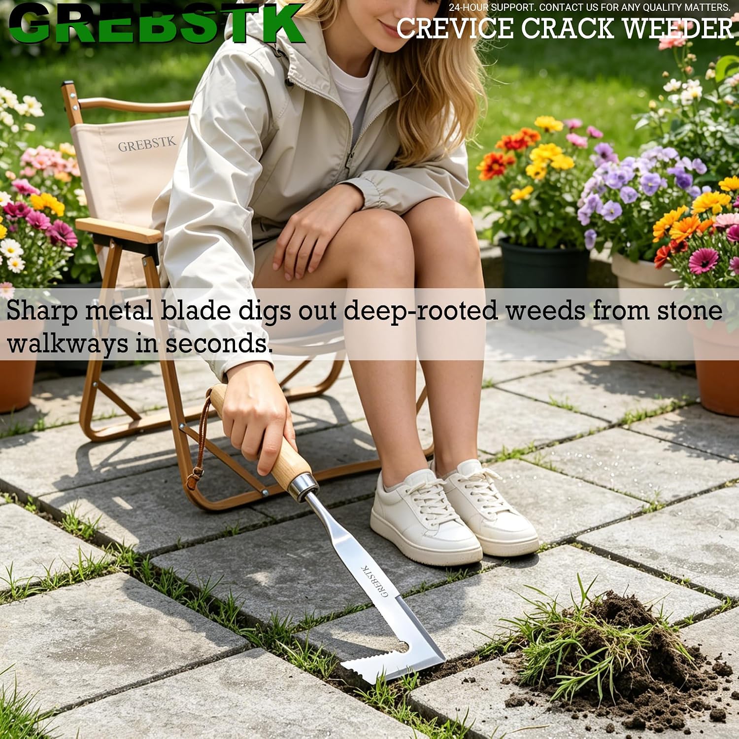 Crack Weeder Crevice Weeding Stainless Steel Sharp Lightweight Tool | Razor-Sharp Rust-Resistant L-Shaped Blade, Solid Beech Wood Non-Slip Handle, For Patio Cracks, Driveway Gaps, Walkway Edging