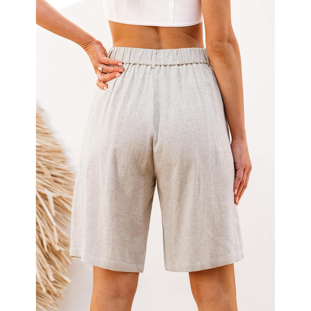 Bermuda Shorts for Women High Waisted Linen Dressy Casual Pleated Wide Leg Summer Shorts with Elastic Waist