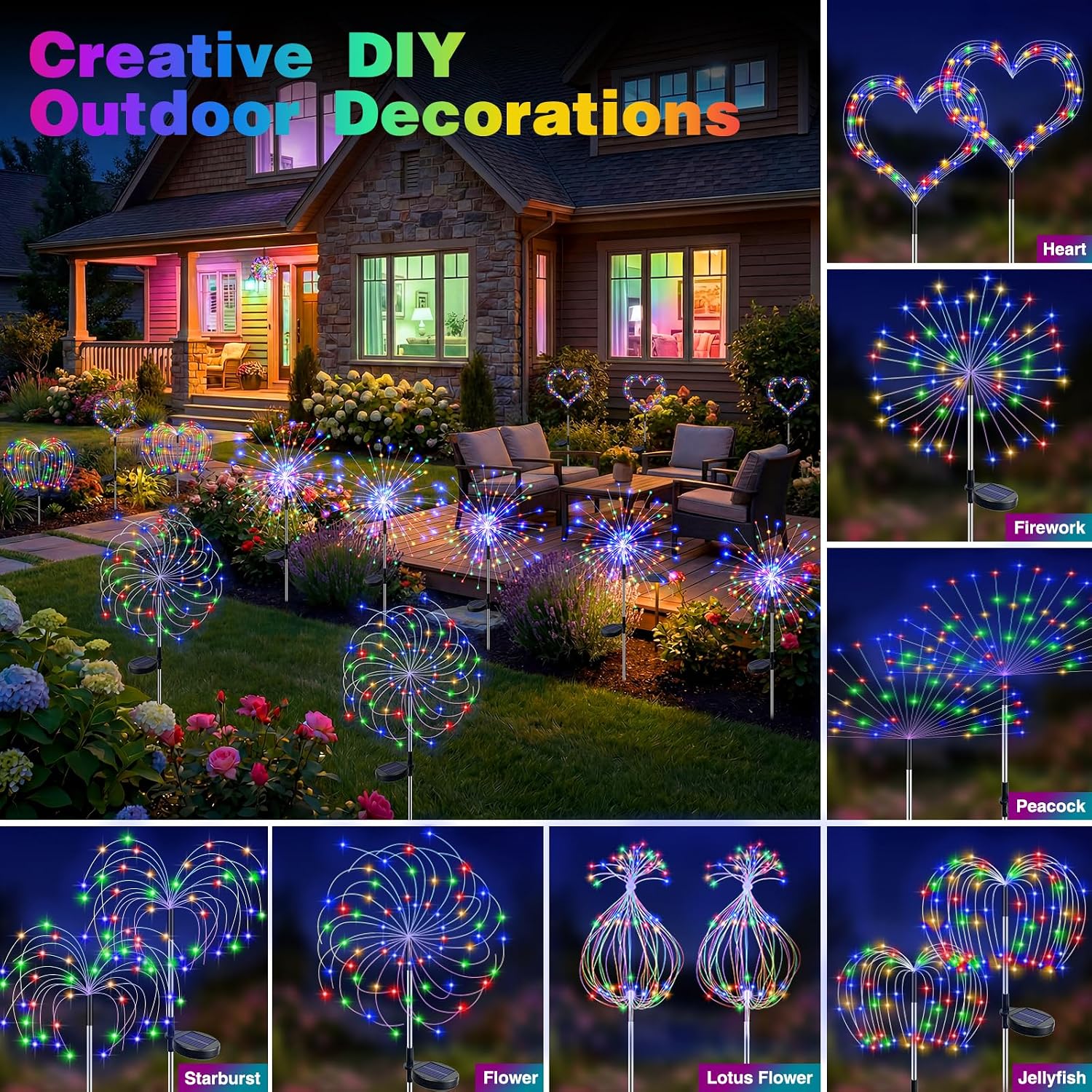 Btfarm 2 Pack Solar Garden Lights Outdoor 8 Modes, 120 Led Firework Lights Solar Powered, Waterproof Twinkle Fairy Light Outside For Yard Pathway Lawn Pool Patio Christmas Decorative, Multicolor