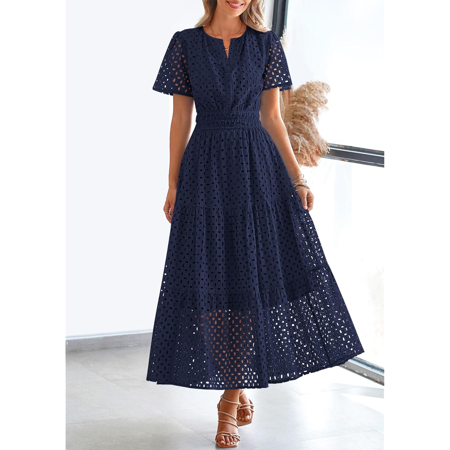 Prettygarden Womens 2026 Summer Maxi Dress Short Sleeve V Neck Hollow Out Eyelet A Line Long Flowy Beach Vacation Dresses