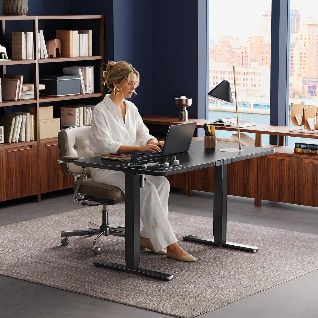 Huuger Electric Standing Desk With Power Outlets And Usb-C Port, 47 X 24 Inch Height Adjustable Desk, Sit Stand Desk For Home Office, Computer & Gaming Desk With 4 Presets, Stable Steel Frame, Black