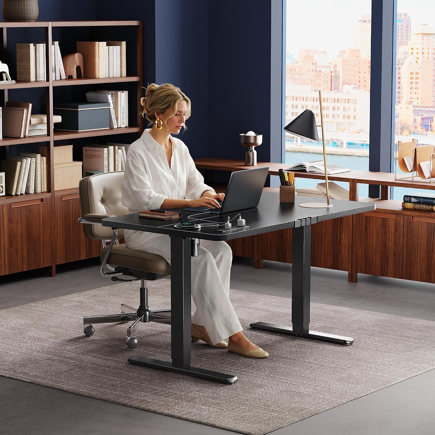 Huuger Electric Standing Desk With Power Outlets And Usb-C Port, 47 X 24 Inch Height Adjustable Desk, Sit Stand Desk For Home Office, Computer & Gaming Desk With 4 Presets, Stable Steel Frame, Black