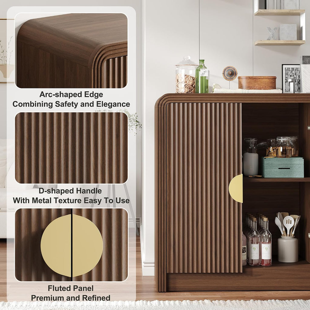 Decofy 55" Fluted Buffet Sideboard Cabinet, Modern Mid Century Console Cabinet With Adjustable Shelves & Wavy Grain Doors For Kitchen Cabinet Storage,Living Room,Entryway,Coffee Bar Cabinet (Walnut)