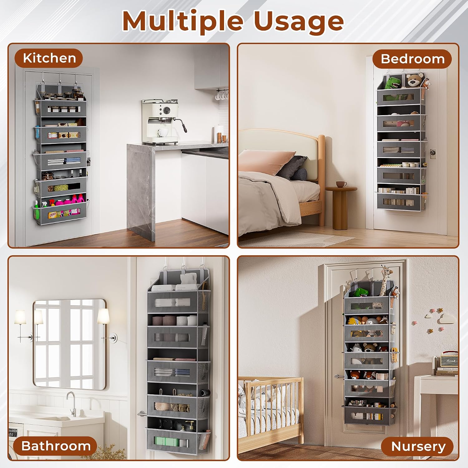 2 Pack 5 Tier Over The Door Organizer - Large Capacity Behind Door Hanging Shelves With 10 Mesh Pockets And Clear Windows, Closet Organizers And Storage For Bathroom, Bedroom, Nursery, Grey
