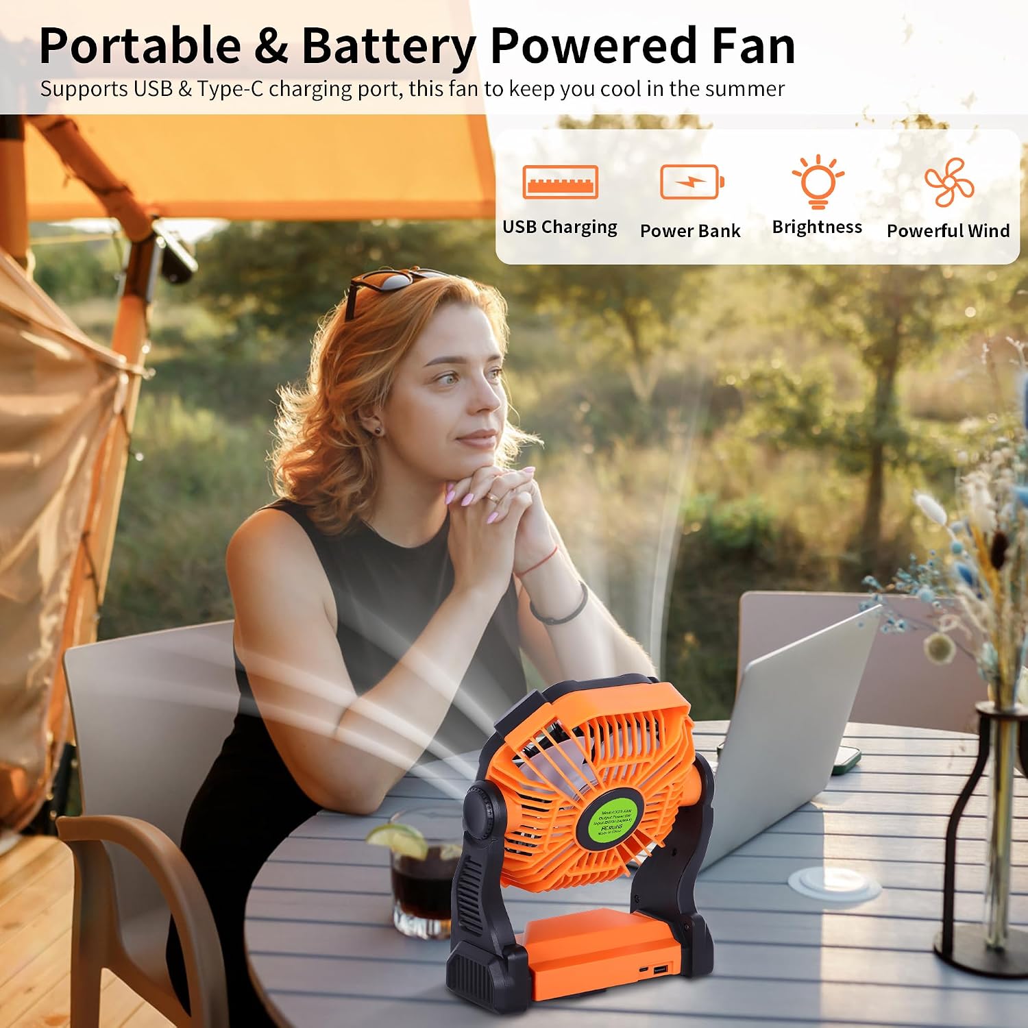 Portable Fan Rechargeable Battery Powered Fan,20000Mah Cordless Battery Operated Camping Fans With Led Light & Hook,Usb Personal Fans Outdoor Camping Essentials Beach Tent For Travel Reading