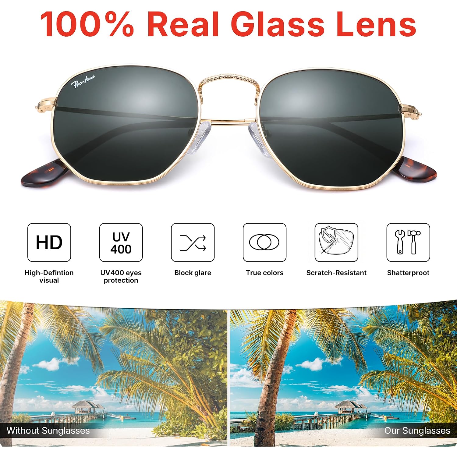 Pro Acme Small Square Sunglasses For Women Men 100% Real Glass Lens Hexagonal Frame