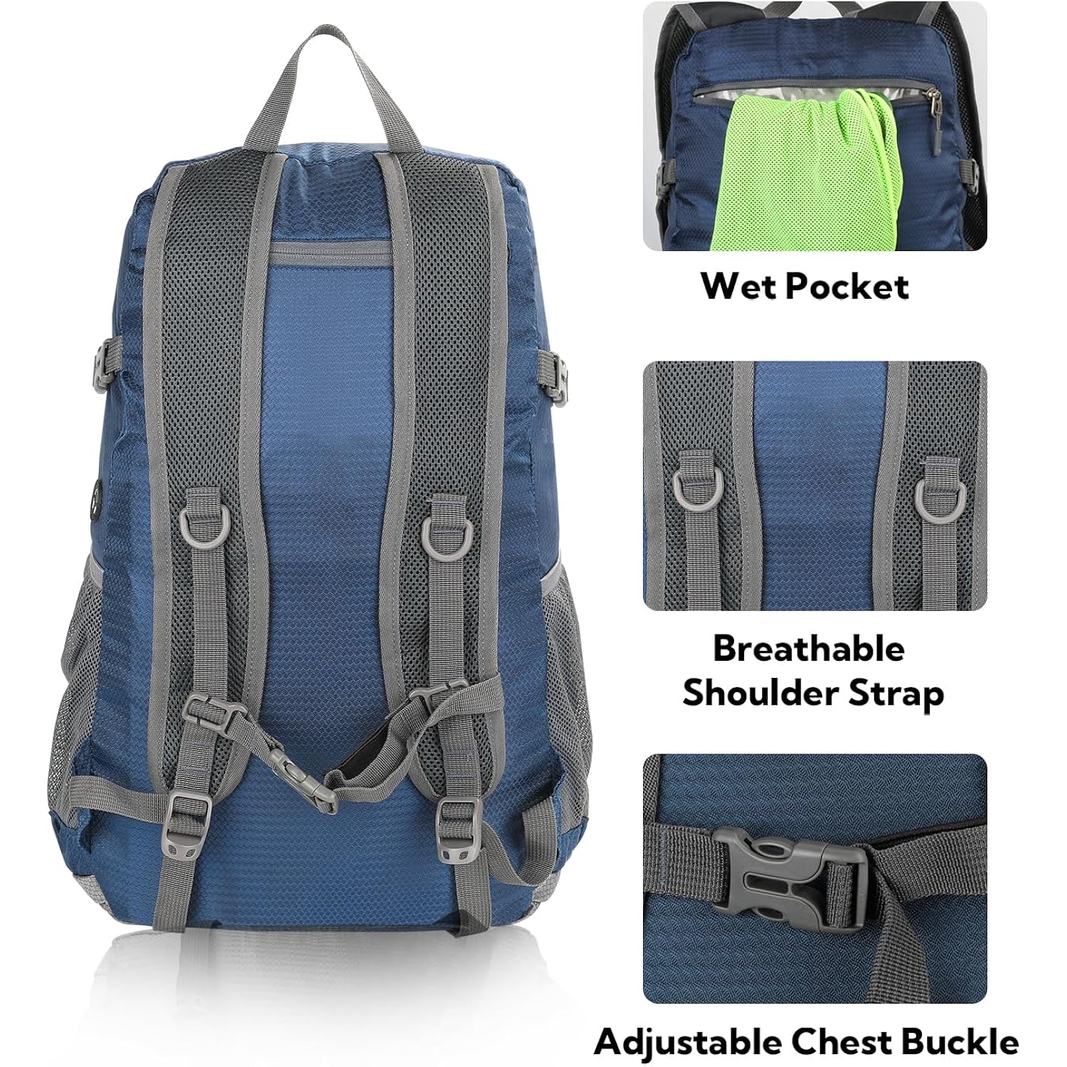 Waterfly Lightweight Packable Hiking Backpack, 30L Day Pack Blue | Water Resistant Foldable Travel Daypack With Multiple Pockets, Wet Pocket, Ultralight Day Pack For Woman Man, Everyday Carry