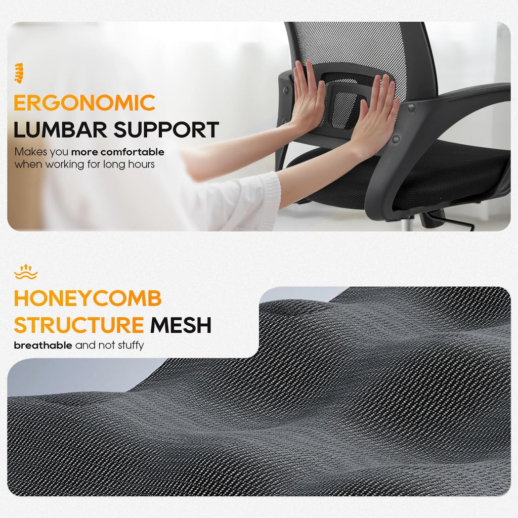 BestOffice | Ergonomic Office Chair | Mid-Back Swivel Desk Chair | Breathable Backrest & Lumbar Support | Adjustable Height | Sponge Seat | Rolling Wheels | Dark Black | for Adults & Women
