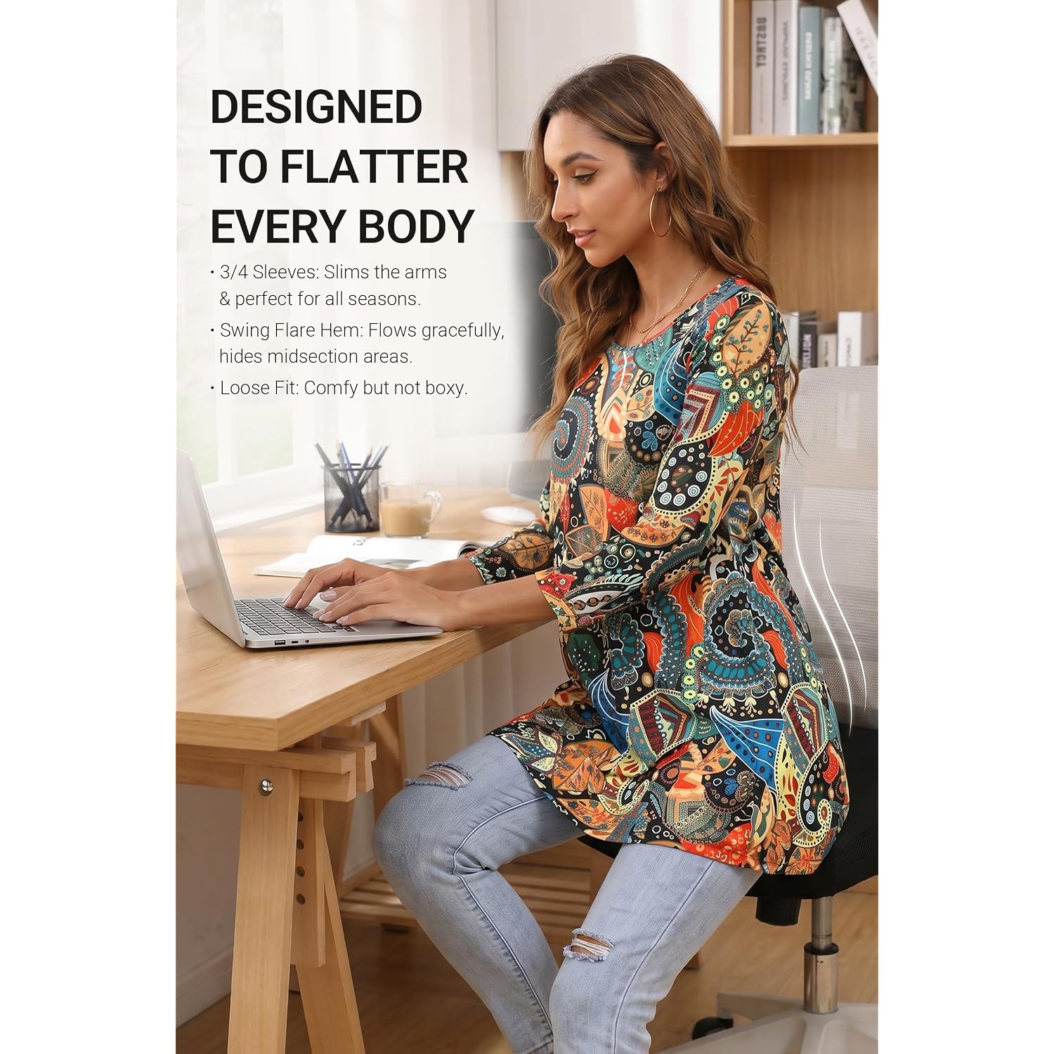 Enmain Womens Tops 3/4 Sleeve Tunic Tops Dressy Casual Plus Size Tunic To Wear With Leggings Swing Shirt Loose Fit Blouses