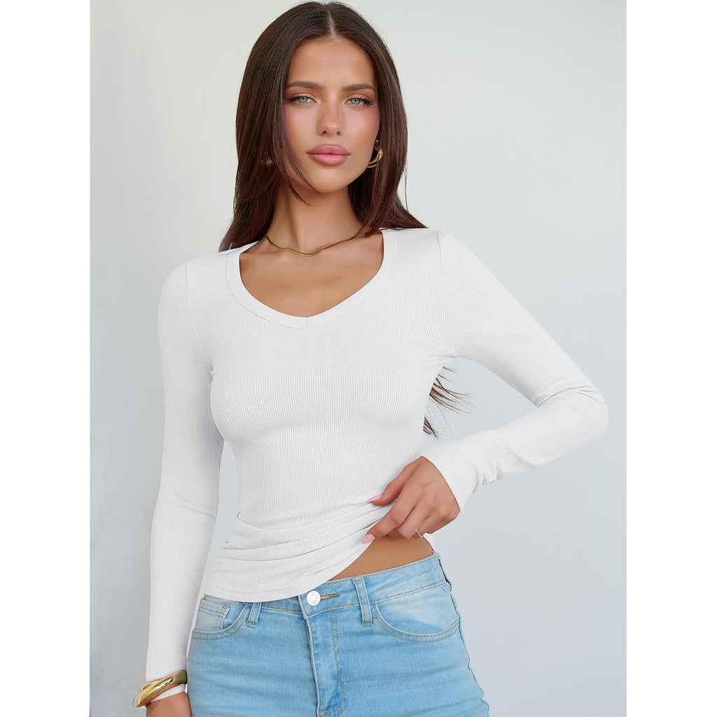 Anrabess Long Sleeve V Neck Shirts For Women | Soft Comfy Ribbed Knit Fitted Tshirts, Casual Going Out Tops, 2026 Trendy Basic, Fall Winter Underscrub Layering Clothes