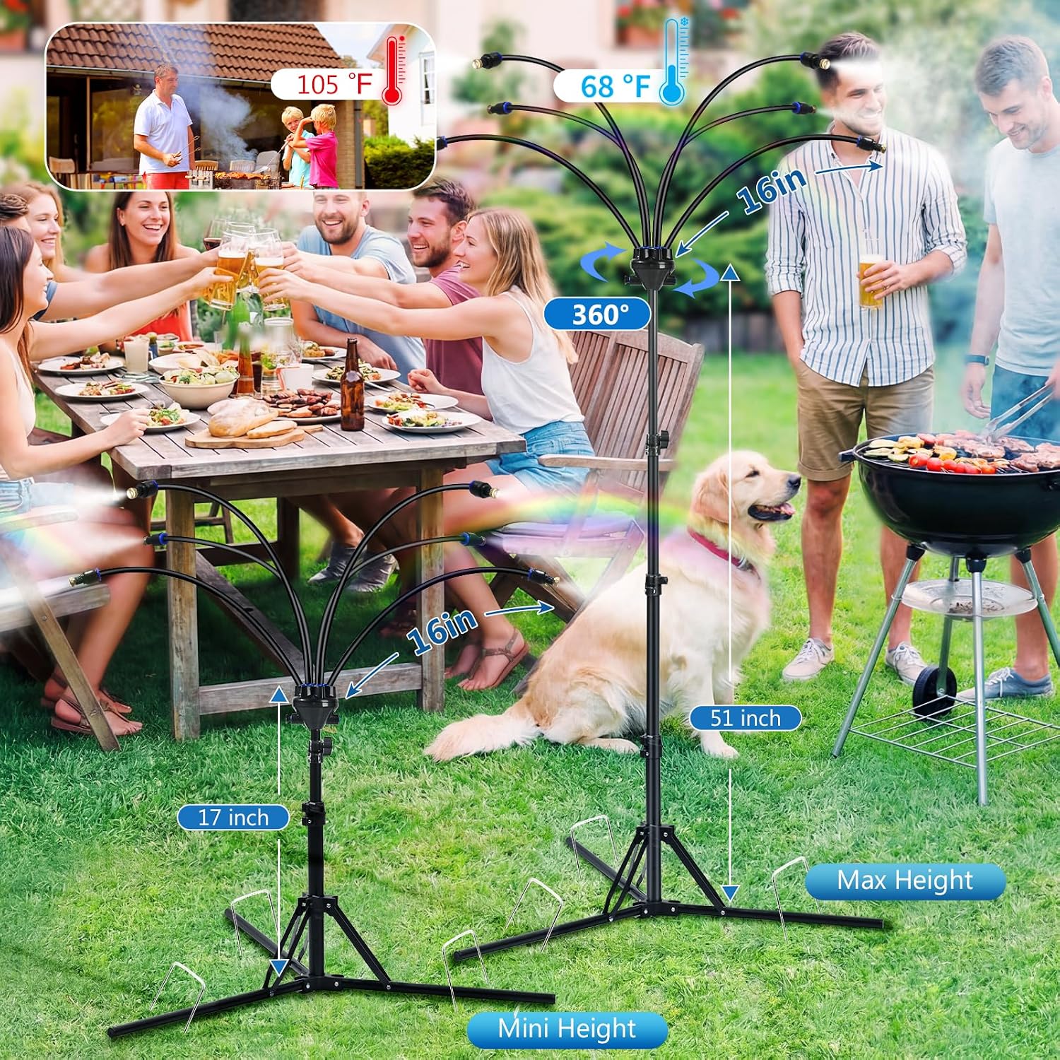 6-Nozzle Adjustable Standing Misters For Outside Patio - Stand Misting System For Cooling Outdoor Areas, Easy To Install & Maintain, Custom Coverage, Durable For Backyard Use.