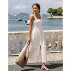 Women Summer Casual Midi Dress Square Neck Button Down Smocked Ruffle Strap Flowy Split Beach Sundress Pockets