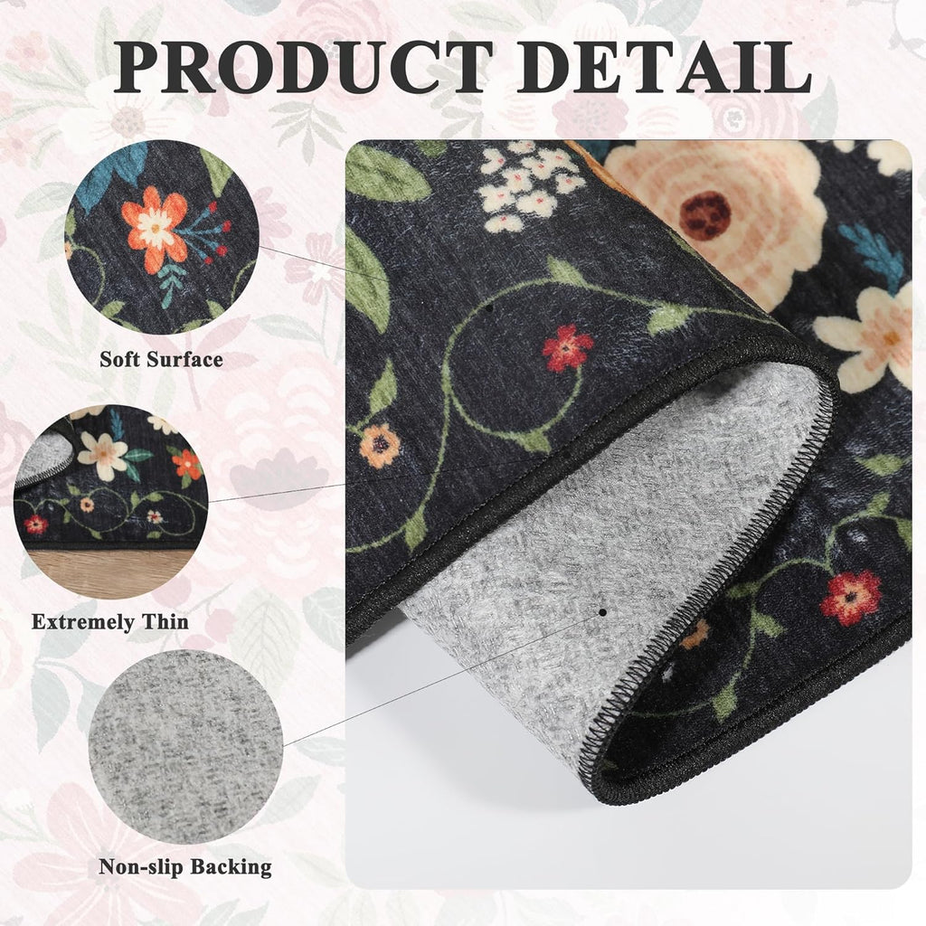 DUKINO 2x3 Rugs for Entryway, Floral Indoor Washable Door Mat, Non Slip Boho Small Rug for Kitchen, Soft Low Pile, Front Door Throw Rug for Entrance, Bedroom, Kitchen, Laundry, Bathroom, Black