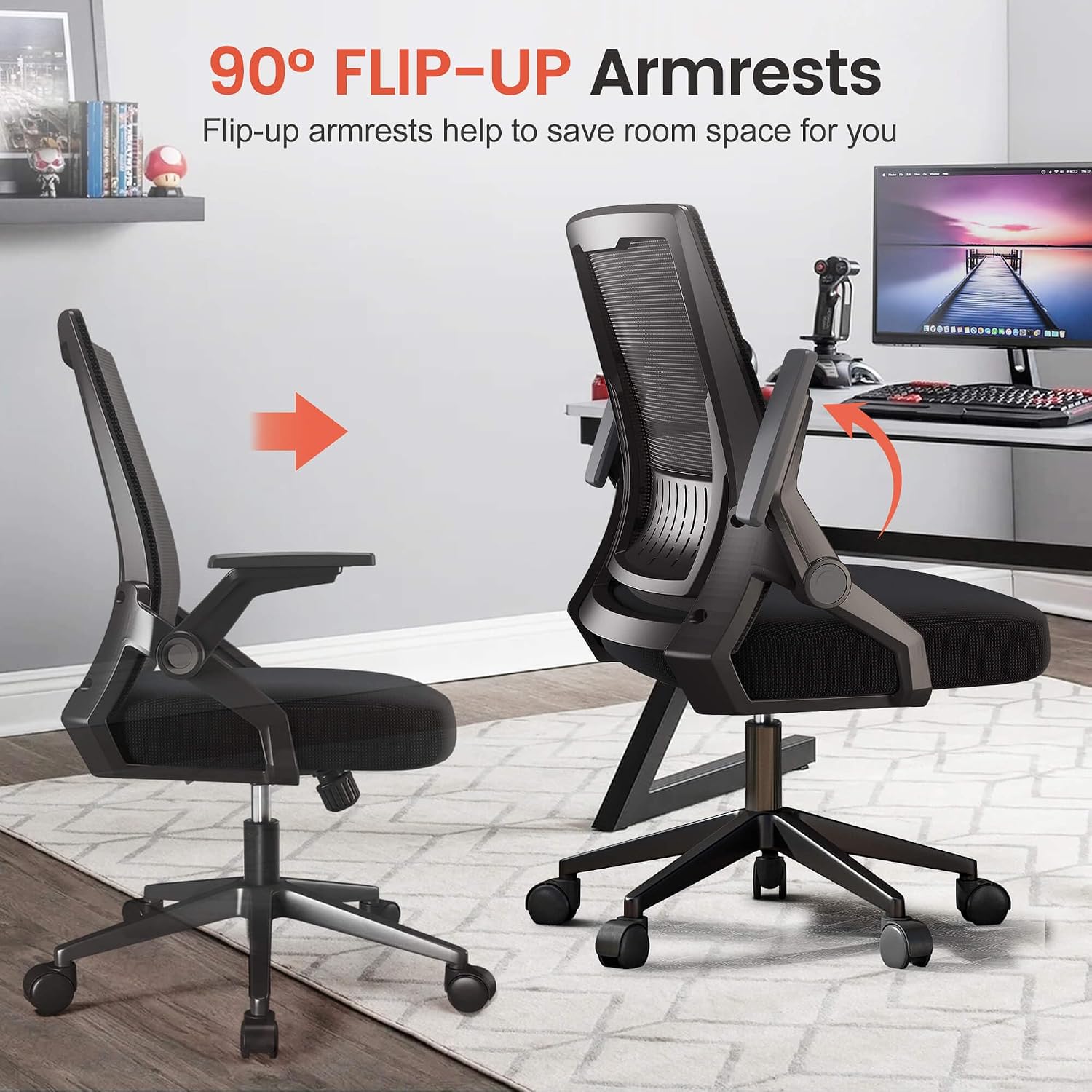Gtplayer Ergonomic Office Chair With Flip-Up Armrests Executive Computer Chair For Home Office, Breathable Mesh & Comfy Lumbar Support, Black