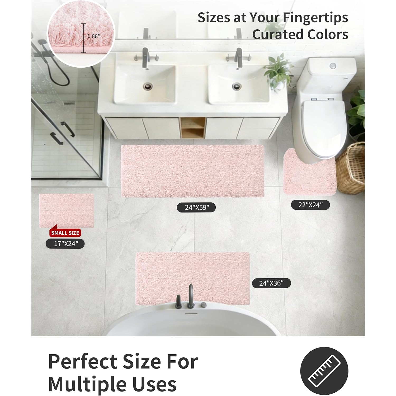 ILANGO Pink Bathroom Rugs 24" × 17" Non Slip & Super Absorbent Extra Thick Soft, Washable Bath Mat for Floor, Non Shedding Microfiber Plush Holiday Bath Rug with Rubber for Shower Sink