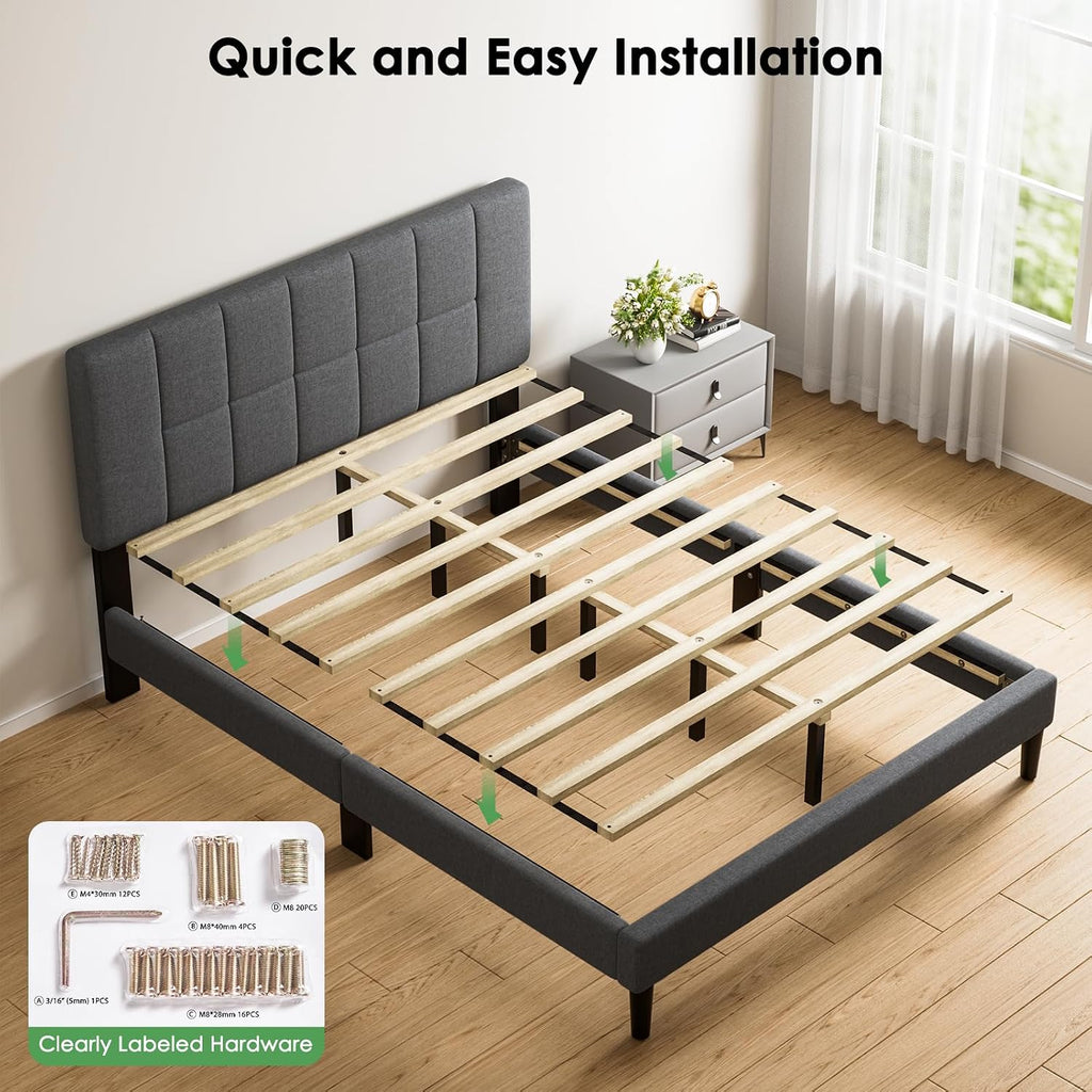 Marsail Queen Size Bed Frame, Sturdy And Durable With 12 Support Legs, 1300 Lbs Capacity, Solid Wooden Upholstered Adjustable Headboard For 6"-12" Mattresses, Easy Assembly, Ideal Height, Dark Gray