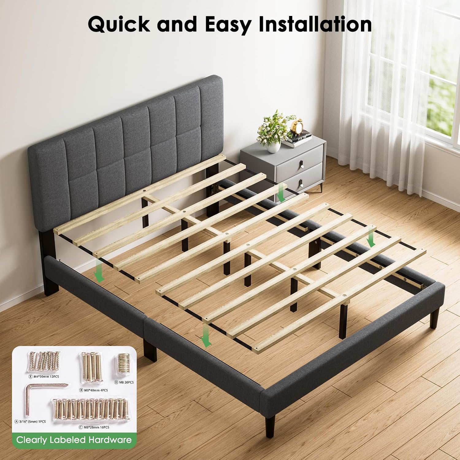 Marsail Queen Size Bed Frame, Sturdy And Durable With 12 Support Legs, 1300 Lbs Capacity, Solid Wooden Upholstered Adjustable Headboard For 6"-12" Mattresses, Easy Assembly, Ideal Height, Dark Gray