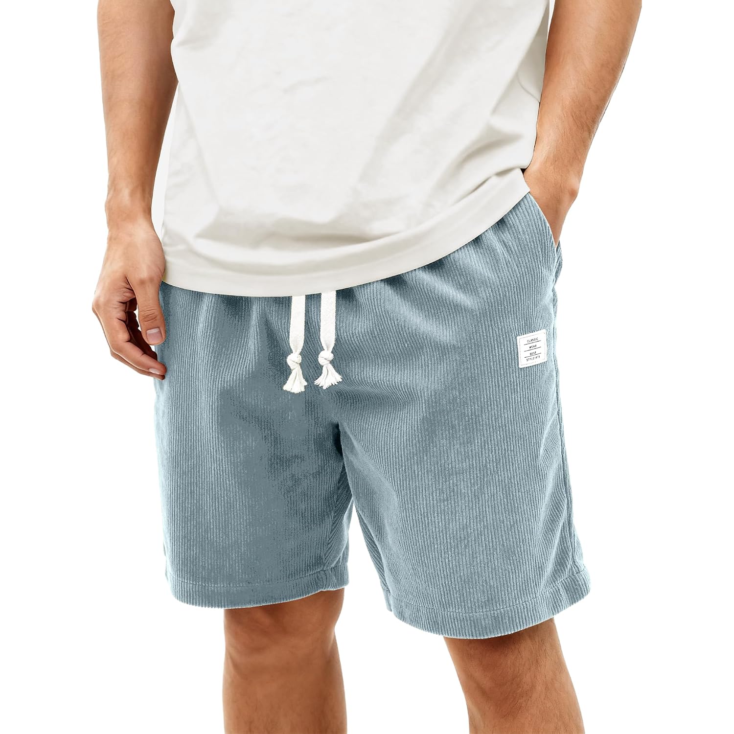 Mens Corduroy Shorts Casual 7 Inch Elastic Waist Drawstring Summer Beach Loose Fit Shorts