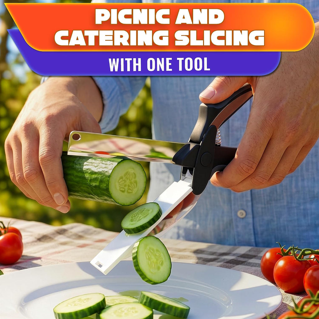 2 In 1 Kitchen Scissors For Food With Cutting Board, Safety Lock | Stainless Steel Cutting Board Scissors For Veggies, Fruit & Cheese; 9.5" Detachable Blade; Dishwasher Safe Tomato Knife