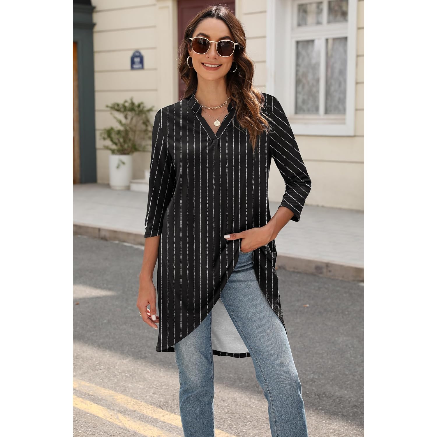 Women's 3/4 Sleeve Notch V Neck High Low Loose Fit Long Tunic Tops Shirts Blouses M-3XL