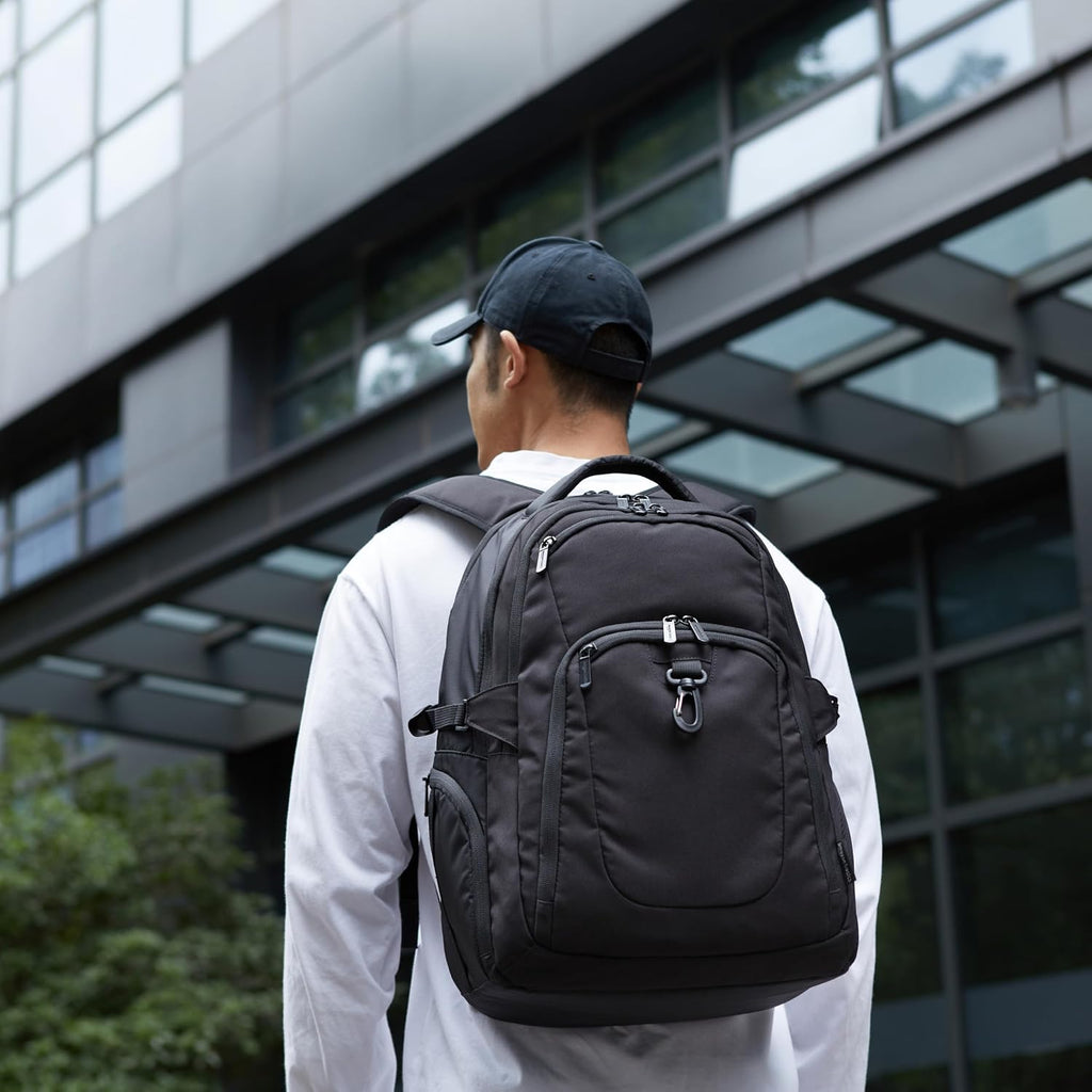 Amazon Basics Travel Laptop Backpack With Multiple Pockets And Compartments For 17 In / 43.1 Cm Laptop, Water Resistant, Spacious With Padded Shoulder Straps, Black