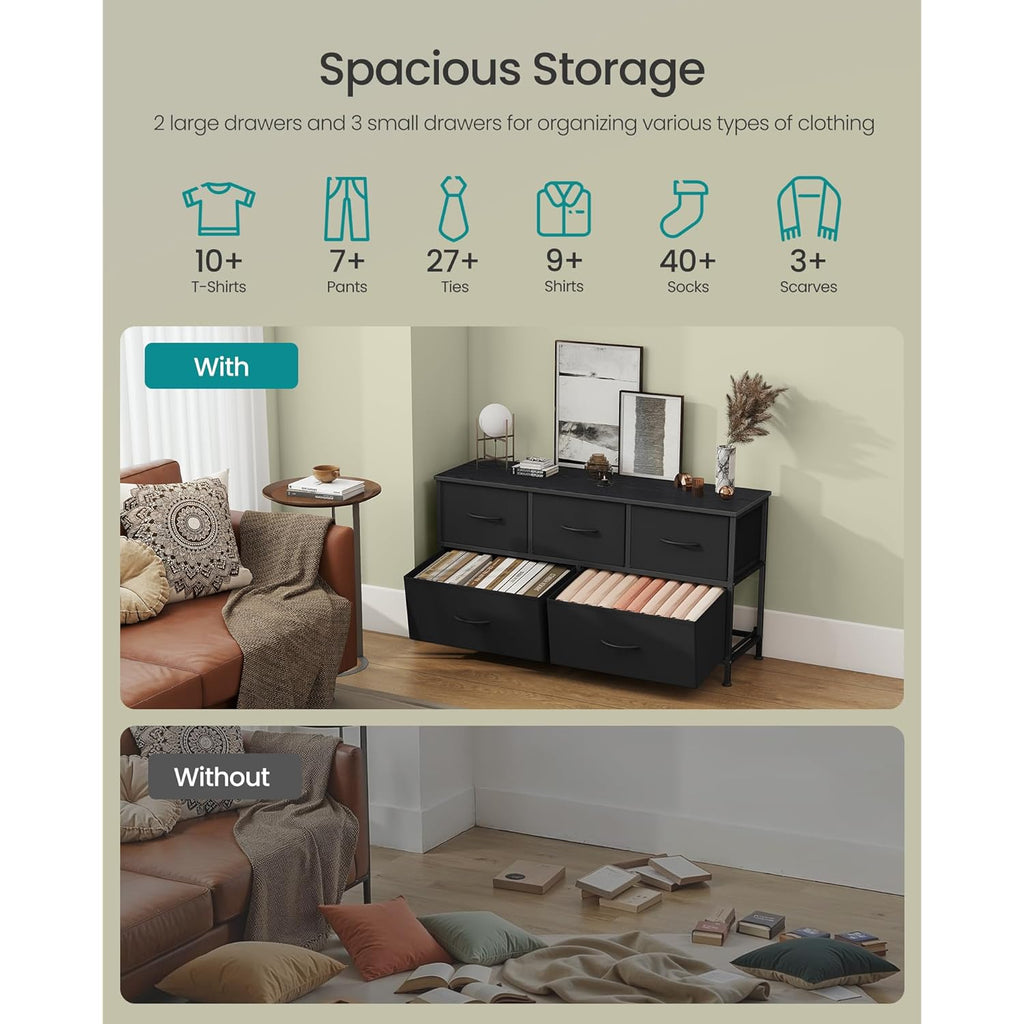 SONGMICS Dresser for Bedroom, Chest of Drawers, Steel, MDF, 5 Non-Woven Fabric Drawers, Storage Organizer Unit, Closet, Entryway, Ink Black and Ebony Black ULGS322B01S