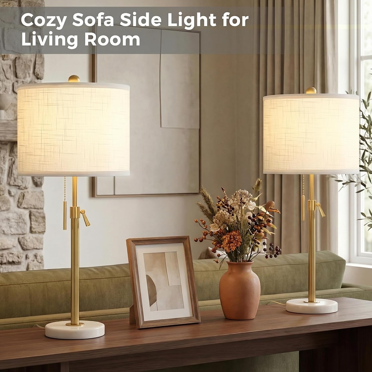 Gold Table Lamps Set Of 2, 22" To 30" Adjustable Nightstand Lamps For Bedroom, Dimmable End Table Lamps For Living Room Console Entry Farmhouse Home Decor, New House Warming Gifts