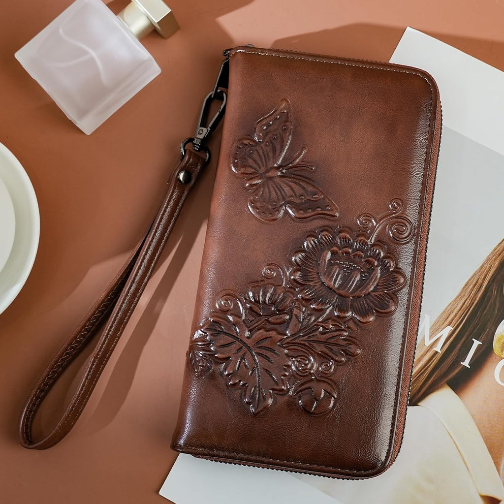 Womens Wallet Rfid Embossed Vegan Leather Multi Card Slots Wallets Large Capacity Wristlet Travel Purse for Women